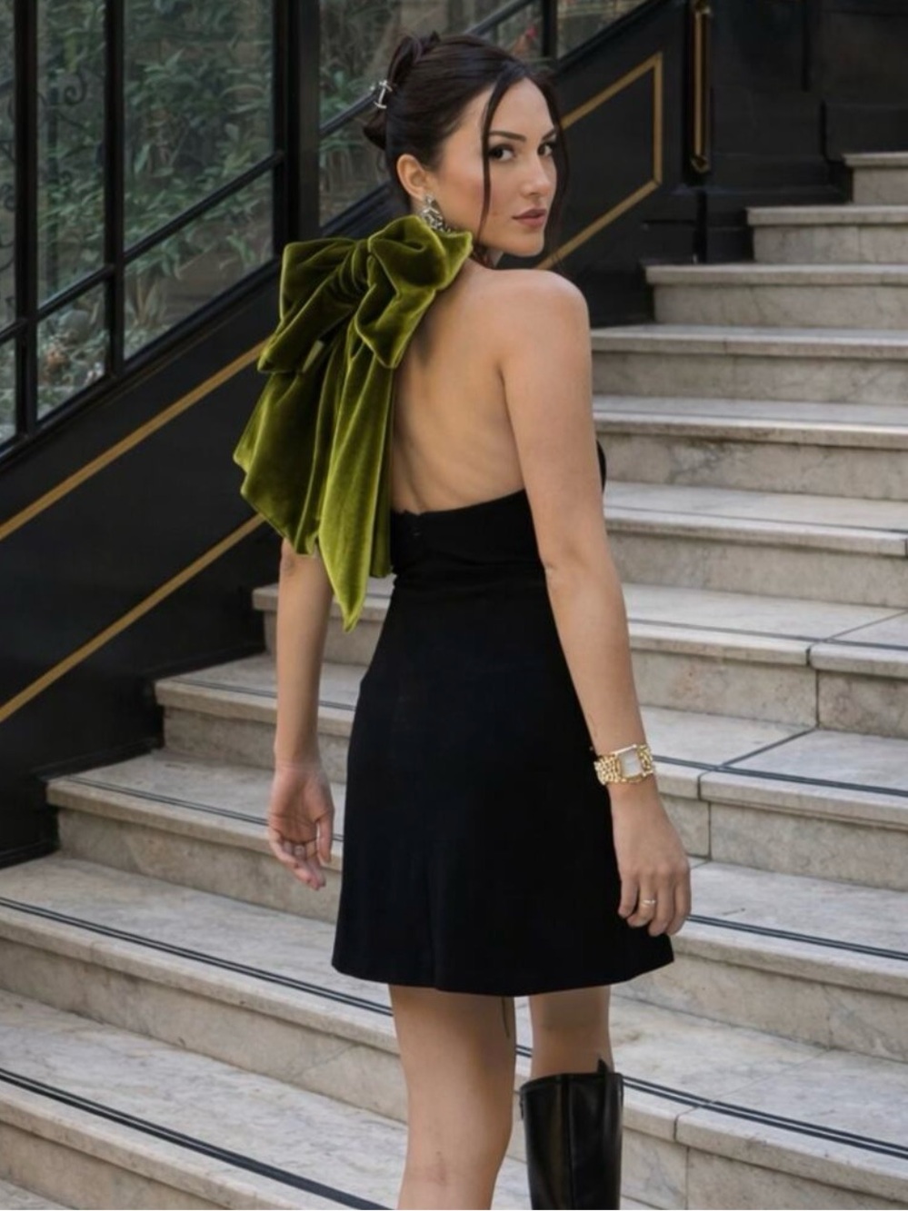 ZARA Short V-Neck Velvet Maxi Bow At Back Dress